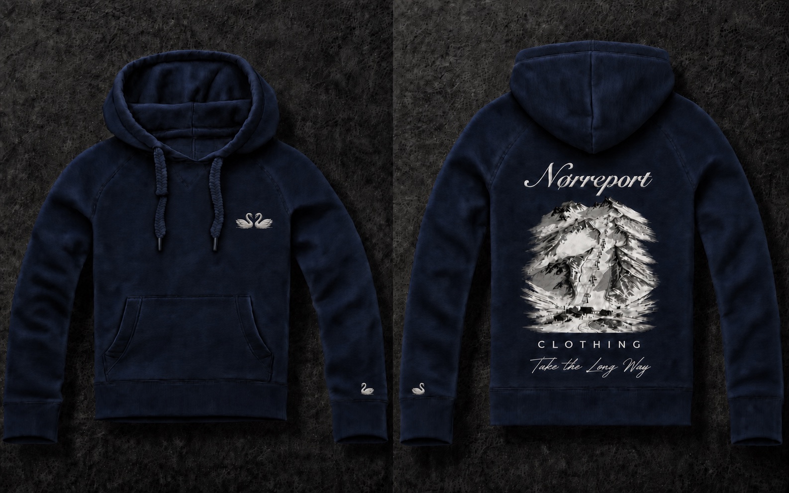 Midnight navy Swan Hoodie shown from the front and back